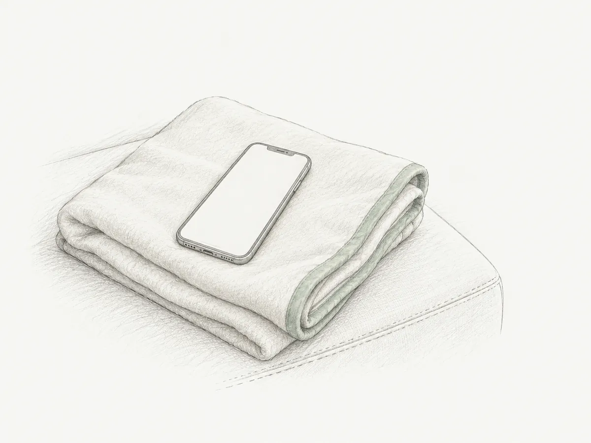 たたんだブランケットの上に置いたスマートフォンの鉛筆画
