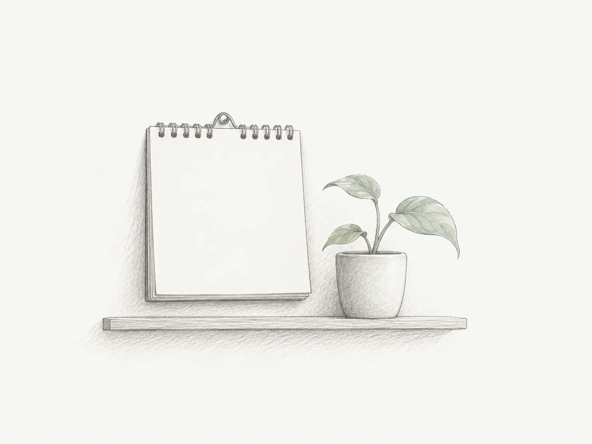 壁掛けの白紙のカレンダーと、小さな観葉植物の鉛筆画