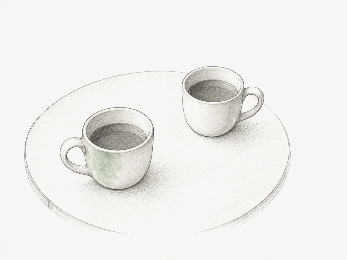 丸いテーブルに向かい合って置かれた2つのコーヒーカップの鉛筆画