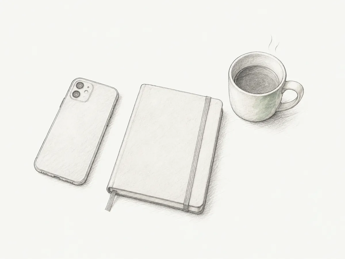 伏せたスマートフォンと手帳、湯気の立つマグカップの鉛筆画