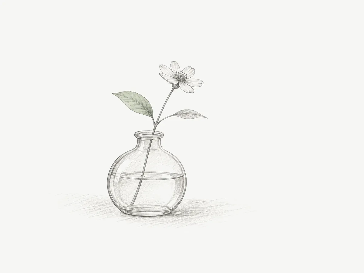 ガラスの花瓶に挿した一輪の野の花の鉛筆画